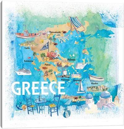 Greece Illustrated Travel Map With Landmarks And Highlights Canvas Art Print - Greece Art
