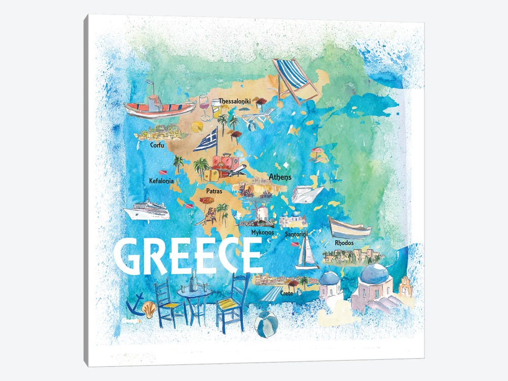 Greece Illustrated Travel Map With Landmarks And Highlights by Markus & Martina Bleichner 1-piece Canvas Art Print