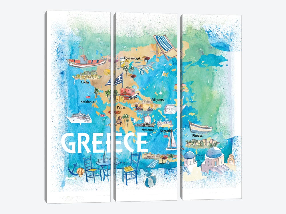 Greece Illustrated Travel Map With Landmarks And Highlights by Markus & Martina Bleichner 3-piece Art Print