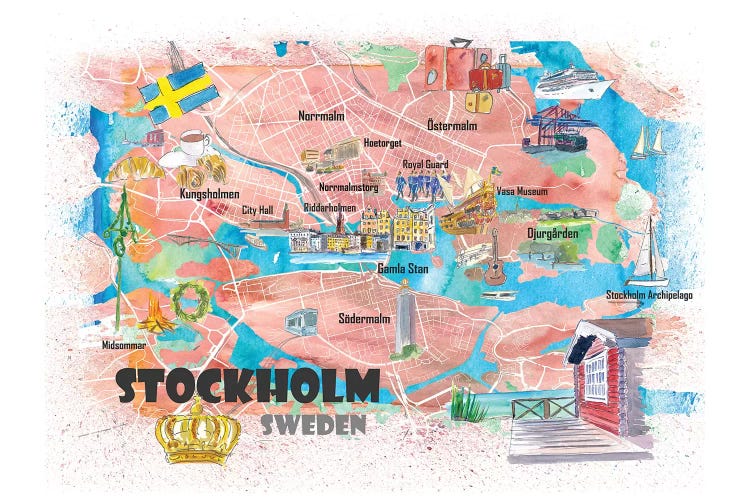 Stockholm Sweden Illustrated Map With Main Roads Landmarks And Highlights