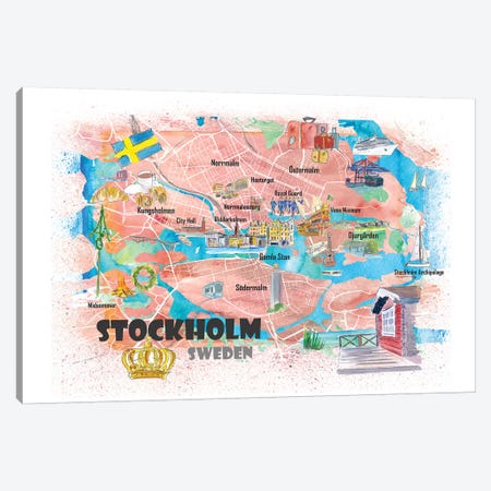 Stockholm Sweden Illustrated Map With Main Roads Landmarks And Highlights Canvas Print #MMB130} by Markus & Martina Bleichner Canvas Art Print