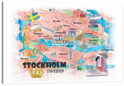 Stockholm Sweden Illustrated Map With Main Roads Landmarks And Highlights Canvas Art Print