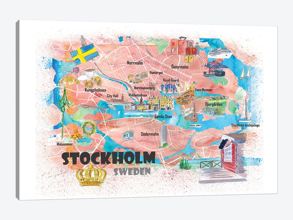 Stockholm Sweden Illustrated Map With Main Roads Landmarks And Highlights by Markus & Martina Bleichner 1-piece Art Print