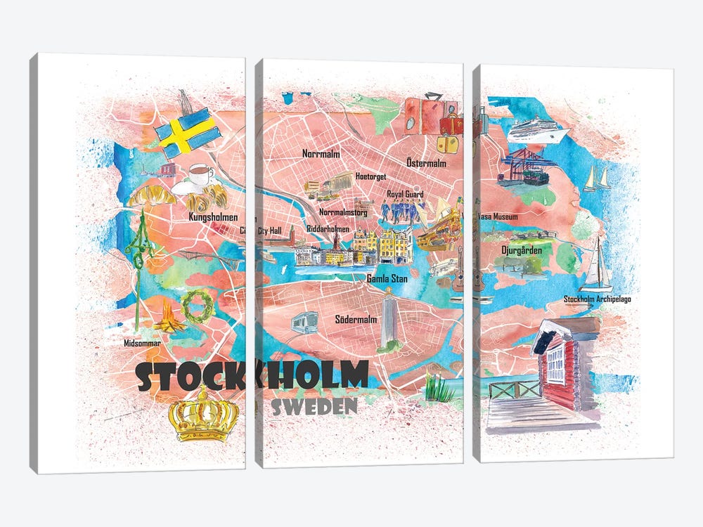 Stockholm Sweden Illustrated Map With Main Roads Landmarks And Highlights by Markus & Martina Bleichner 3-piece Canvas Art Print
