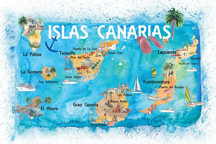 Canary Islands Illustrated Travel Map With Tenerife, Gran Canary, Lanzarote, Fuerteventura La Palma Gomera And Hierro