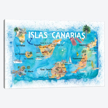 Canary Islands Illustrated Travel Map With Tenerife, Gran Canary, Lanzarote, Fuerteventura La Palma Gomera And Hierro Canvas Print #MMB131} by Markus & Martina Bleichner Art Print