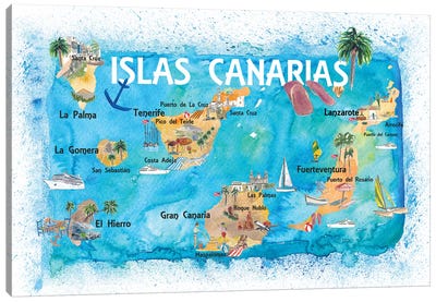 Canary Islands Illustrated Travel Map With Tenerife, Gran Canary, Lanzarote, Fuerteventura La Palma Gomera And Hierro Canvas Art Print