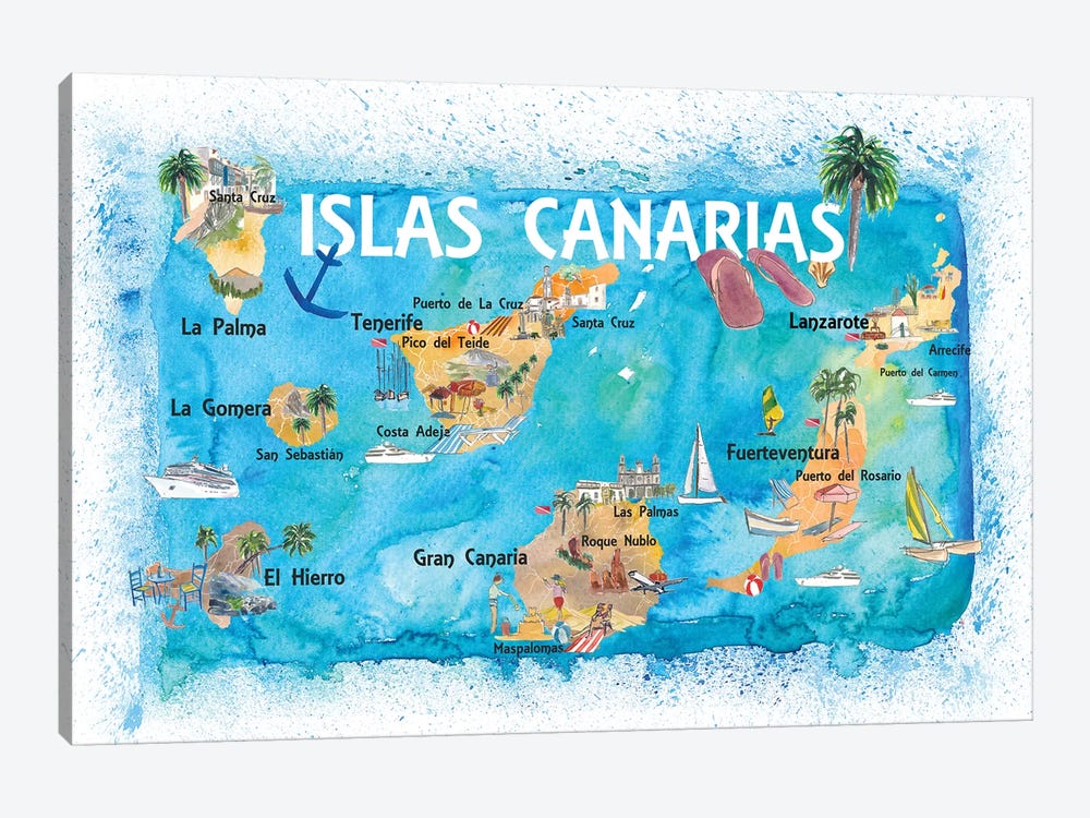 Canary Islands Illustrated Travel Map With Tenerife, Gran Canary, Lanzarote, Fuerteventura La Palma Gomera And Hierro by Markus & Martina Bleichner 1-piece Canvas Art