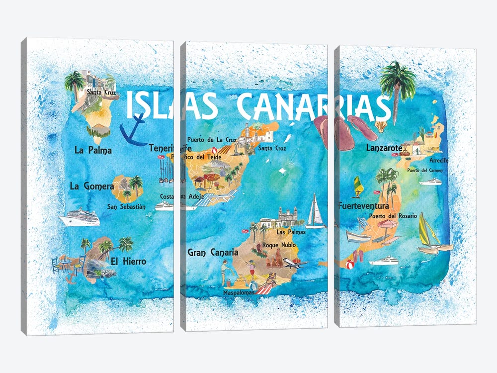 Canary Islands Illustrated Travel Map With Tenerife, Gran Canary, Lanzarote, Fuerteventura La Palma Gomera And Hierro by Markus & Martina Bleichner 3-piece Canvas Artwork