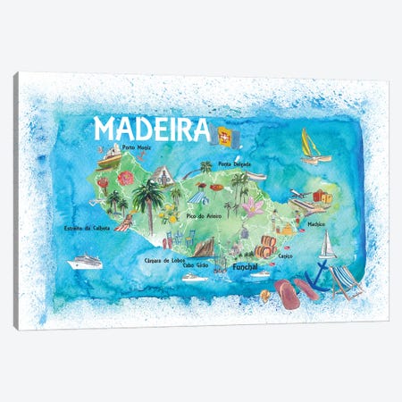 Madeira Portugal Island Illustrated Map With Landmarks And Highlights Canvas Print #MMB132} by Markus & Martina Bleichner Canvas Print