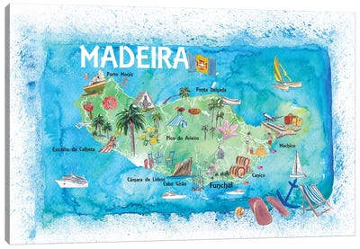 Madeira Portugal Island Illustrated Map With Landmarks And Highlights Canvas Art Print