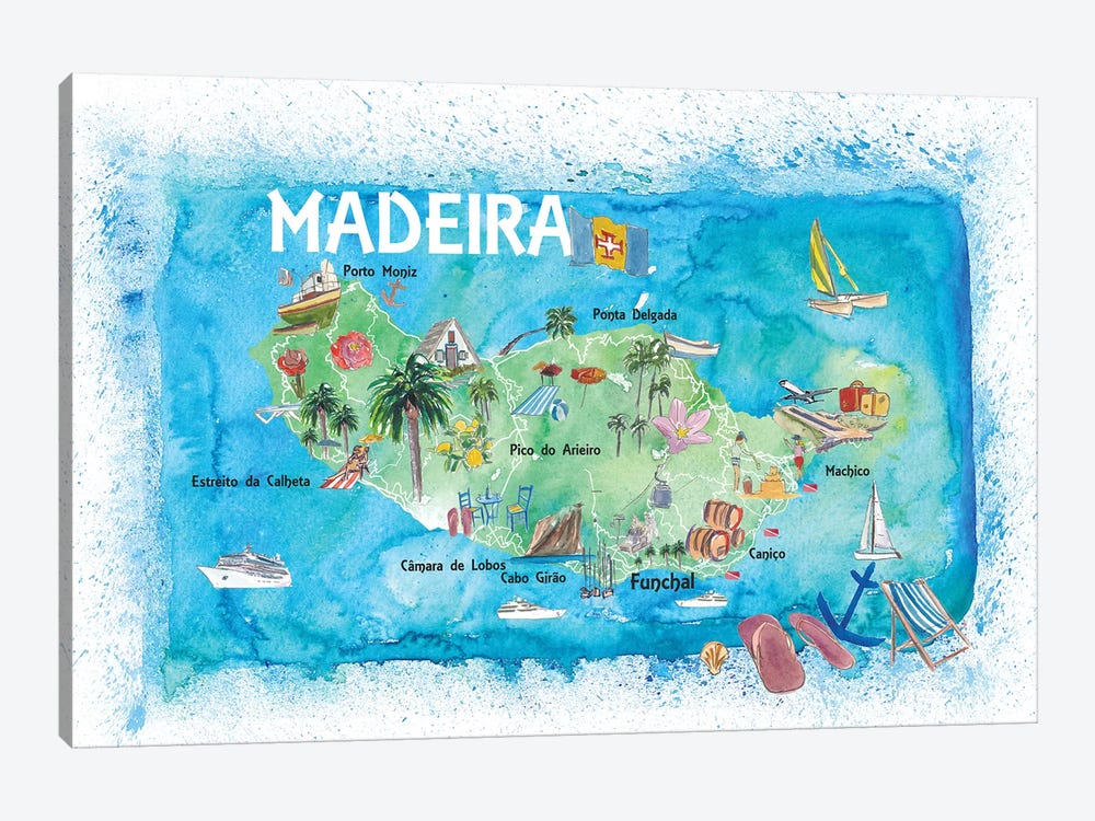 Madeira Portugal Island Illustrated Map With Landmarks And Highlights by Markus & Martina Bleichner 1-piece Canvas Art Print