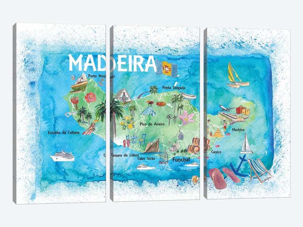 Madeira Portugal Island Illustrated Map With Landmarks And Highlights by Markus & Martina Bleichner 3-piece Canvas Print