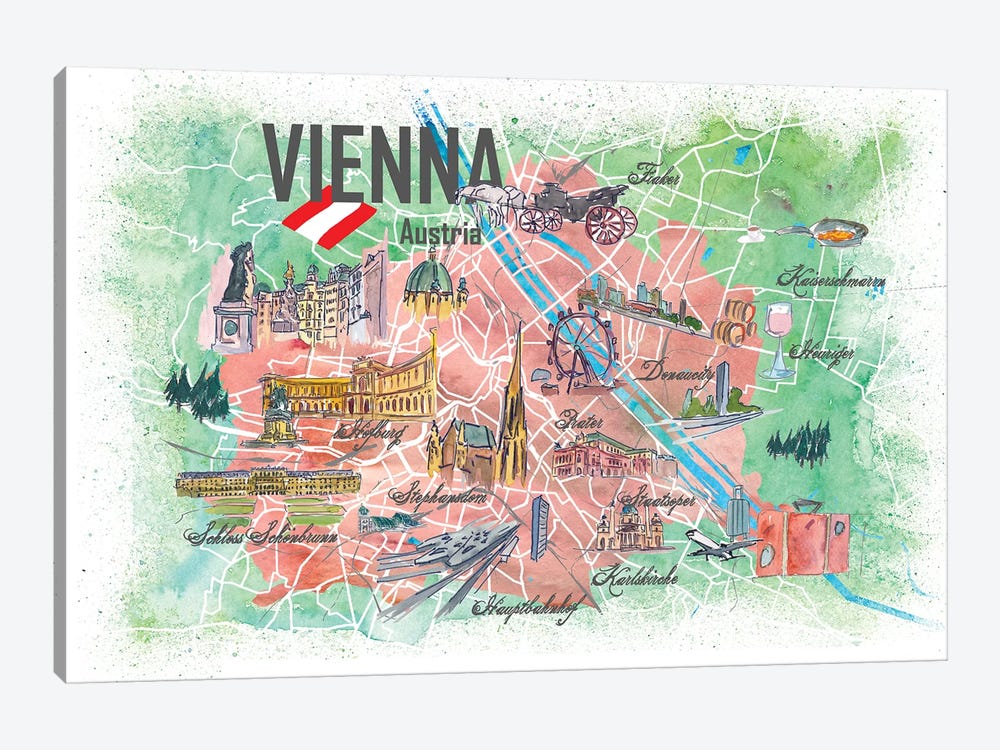Vienna Illustrated Travel Map With Landmarks And Highlights by Markus & Martina Bleichner 1-piece Canvas Artwork