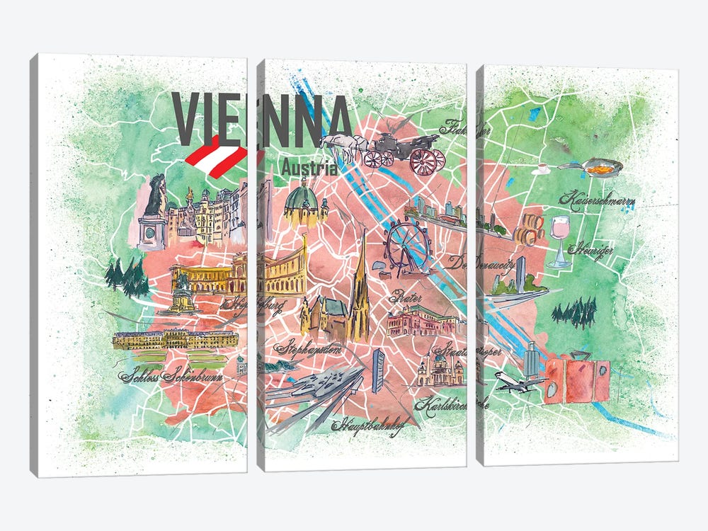 Vienna Illustrated Travel Map With Landmarks And Highlights by Markus & Martina Bleichner 3-piece Canvas Art