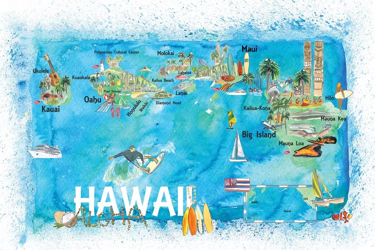 Hawaii USA Illustrated Map With Main Roads Landmarks And Highlights