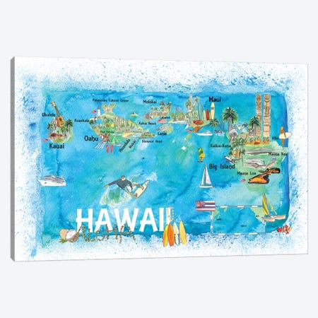 Hawaii USA Illustrated Map With Main Roads Landmarks And Highlights Canvas Print #MMB134} by Markus & Martina Bleichner Canvas Artwork