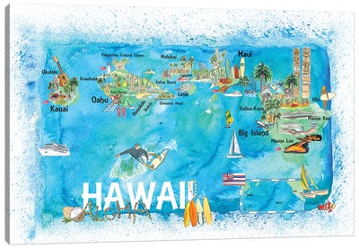 Hawaii USA Illustrated Map With Main Roads Landmarks And Highlights Canvas Art Print - Markus & Martina Bleichner