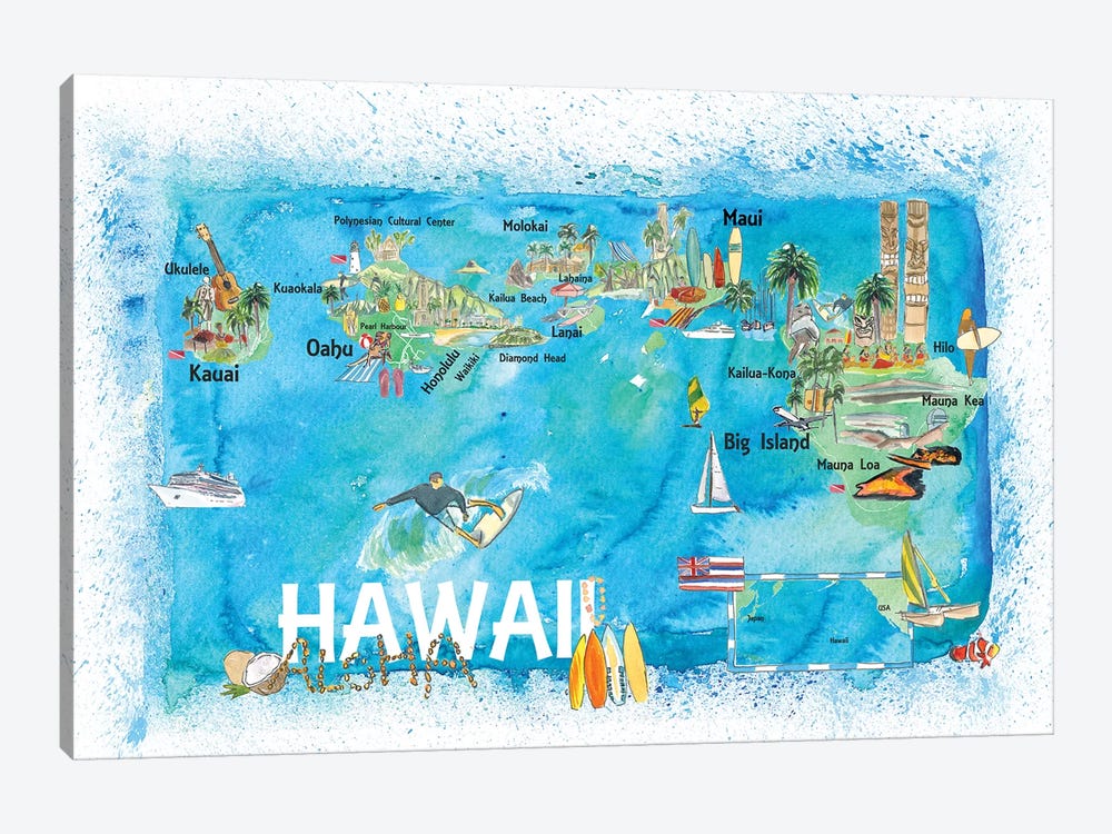 Hawaii USA Illustrated Map With Main Roads Landmarks And Highlights by Markus & Martina Bleichner 1-piece Canvas Art Print