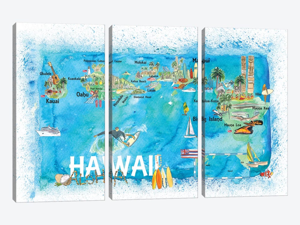 Hawaii USA Illustrated Map With Main Roads Landmarks And Highlights by Markus & Martina Bleichner 3-piece Art Print
