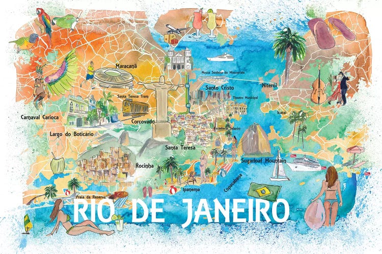 Rio De Janeiro Illustrated Map With Main Roads Landmarks And Highlights by Markus & Martina Bleichner wall art