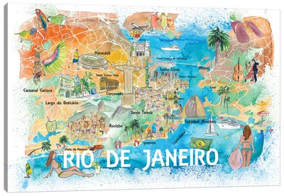 Rio De Janeiro Illustrated Map With Main Roads Landmarks And Highlights Canvas Art Print - Brazil Art
