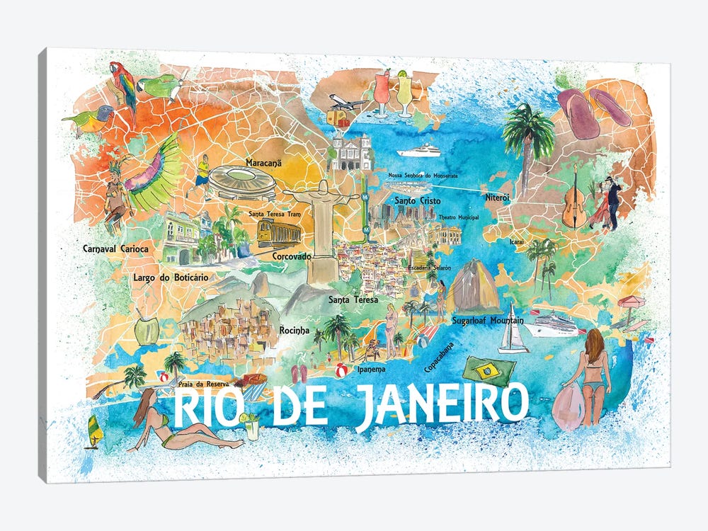 Rio De Janeiro Illustrated Map With Main Roads Landmarks And Highlights by Markus & Martina Bleichner 1-piece Canvas Artwork