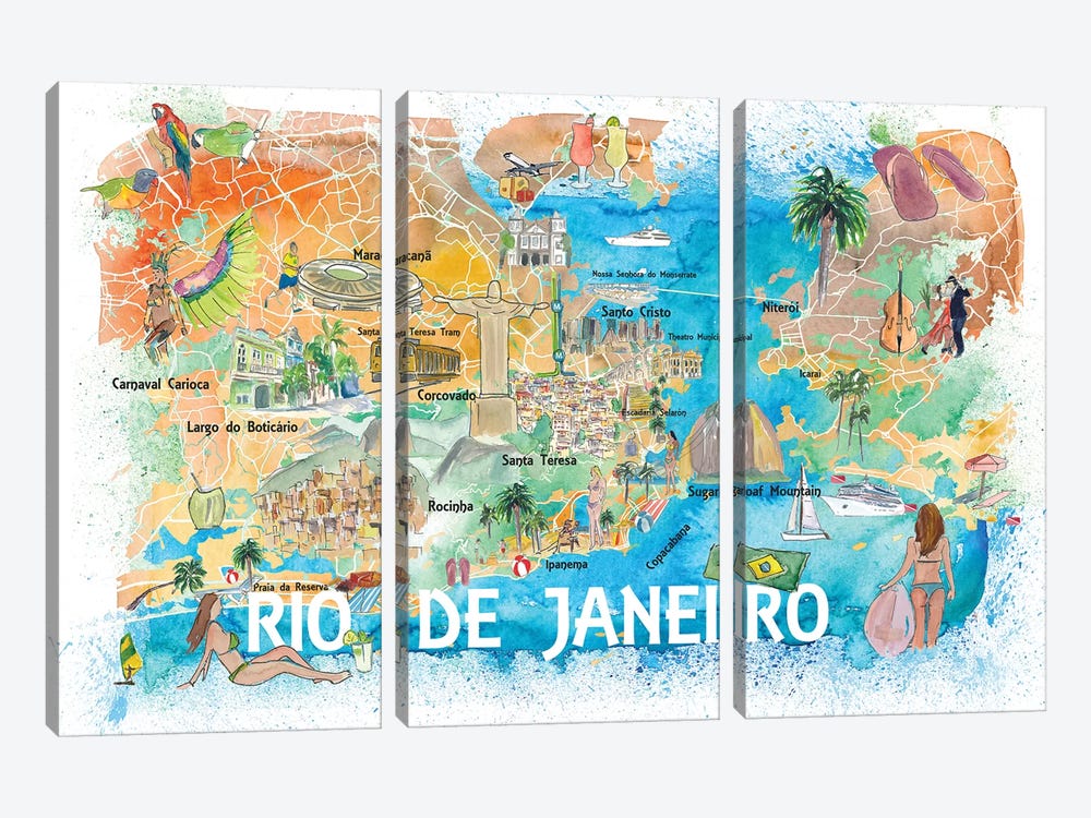 Rio De Janeiro Illustrated Map With Main Roads Landmarks And Highlights by Markus & Martina Bleichner 3-piece Canvas Art