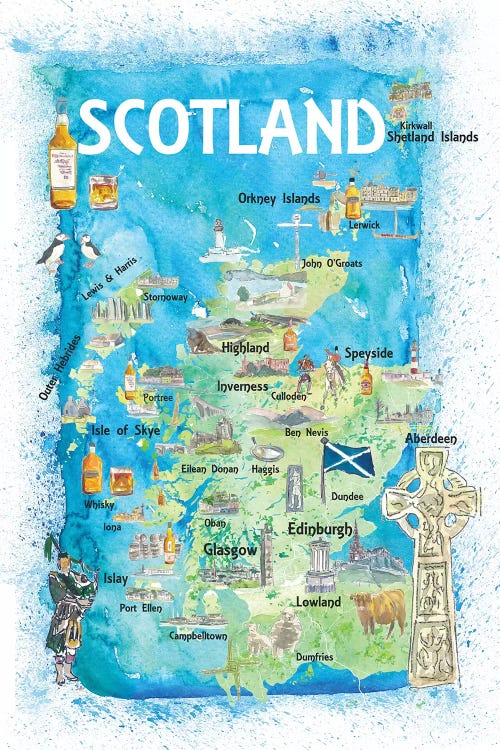 Scotland Illustrated Map With Landmarks And Highlights by Markus & Martina Bleichner wall art