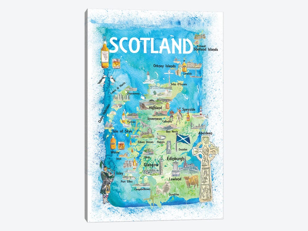 Scotland Illustrated Map With Landmarks And Highlights by Markus & Martina Bleichner 1-piece Canvas Print