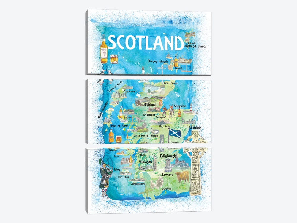 Scotland Illustrated Map With Landmarks And Highlights by Markus & Martina Bleichner 3-piece Art Print