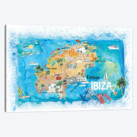 Ibiza Spain Illustrated Map With Landmarks And Highlights Canvas Print #MMB137} by Markus & Martina Bleichner Canvas Wall Art