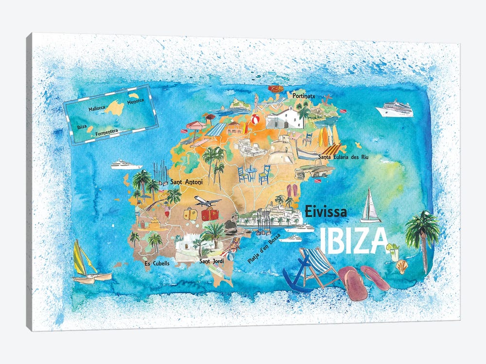 Ibiza Spain Illustrated Map With Landmarks And Highlights by Markus & Martina Bleichner 1-piece Canvas Wall Art