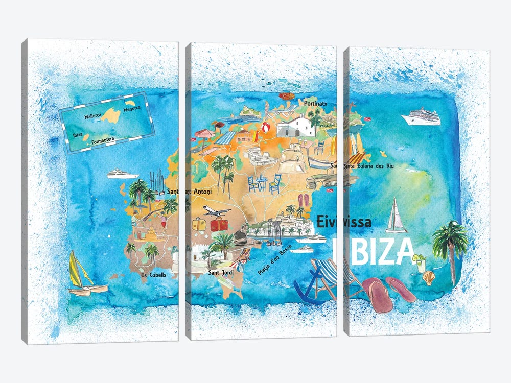 Ibiza Spain Illustrated Map With Landmarks And Highlights by Markus & Martina Bleichner 3-piece Canvas Art