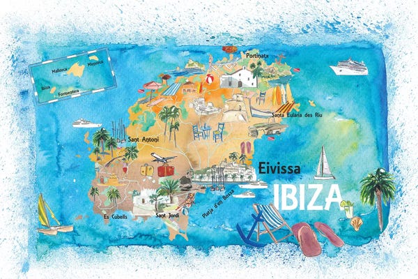 Spain: Ibiza Spain Illustrated Map With Landmarks And Highlights by Markus & Martina Bleichner
