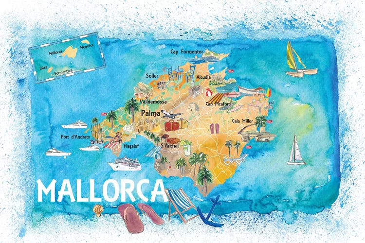 Mallorca Spain Illustrated Map With Landmarks And Highlights