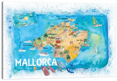 Mallorca Spain Illustrated Map With Landmarks And Highlights Canvas Art Print - Spain Art