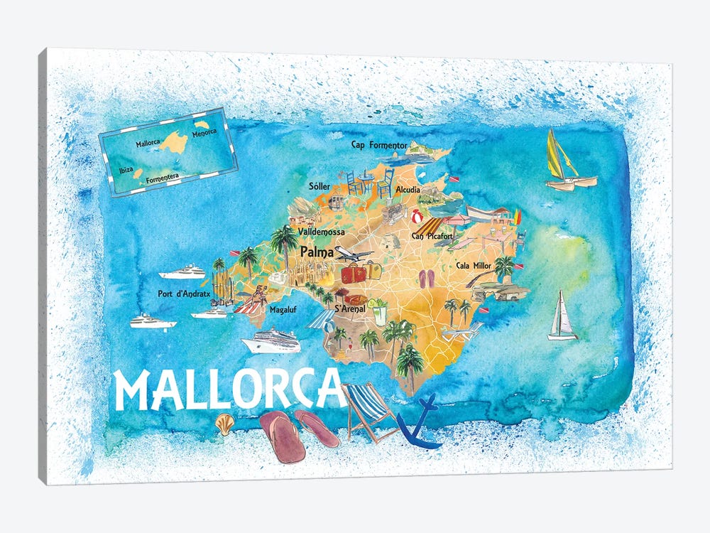 Mallorca Spain Illustrated Map With Landmarks And Highlights by Markus & Martina Bleichner 1-piece Art Print