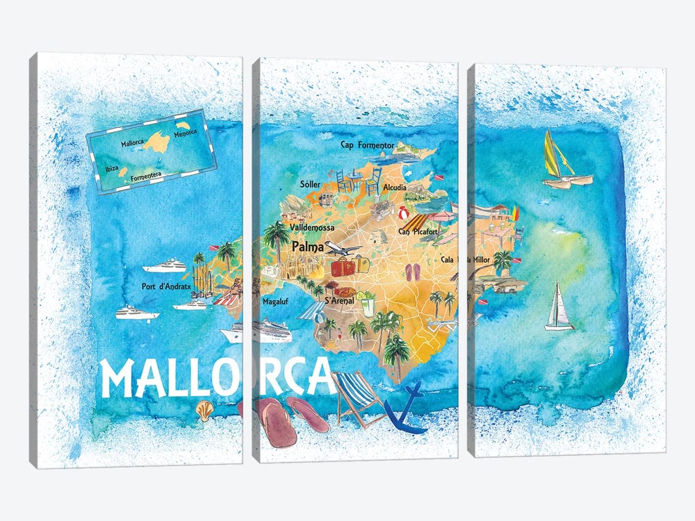 Mallorca Spain Illustrated Map With Landmarks And Highlights by Markus & Martina Bleichner 3-piece Canvas Print
