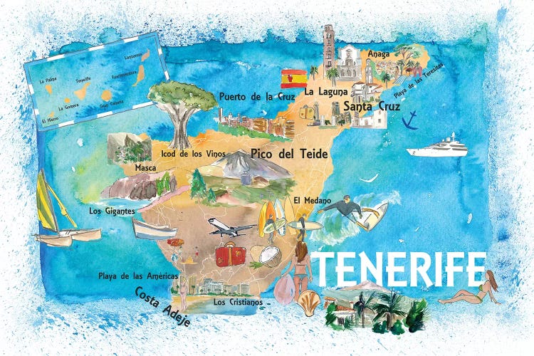 Tenerife Canarias Spain Illustrated Map With Landmarks And Highlights