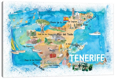 Tenerife Canarias Spain Illustrated Map With Landmarks And Highlights Canvas Art Print - Nautical Maps