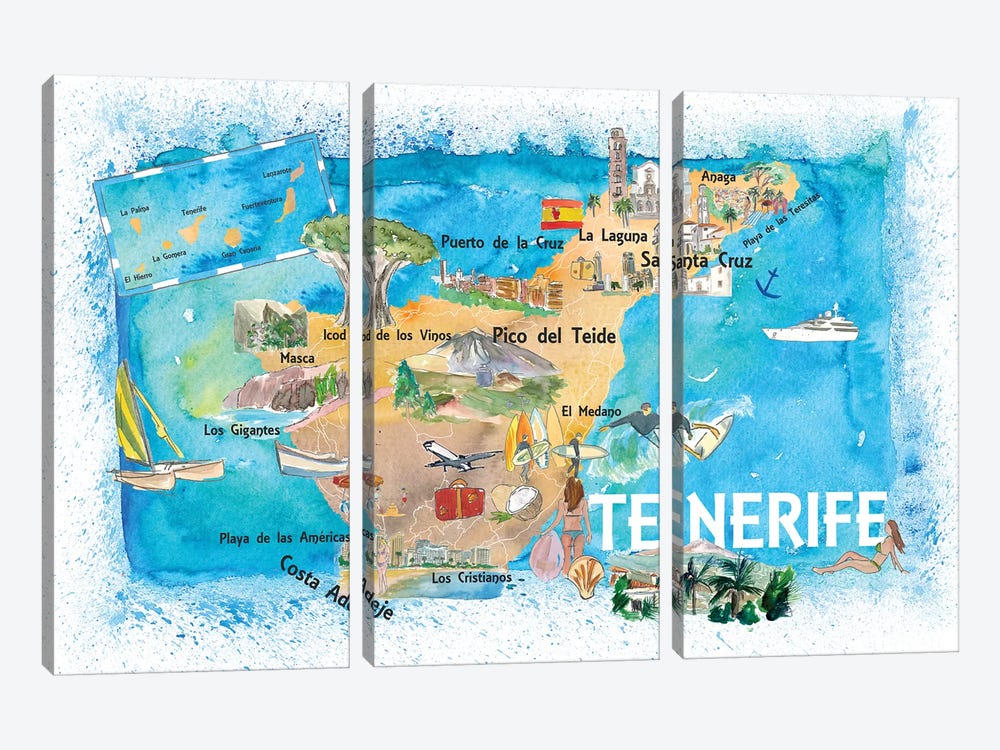 Tenerife Canarias Spain Illustrated Map With Landmarks And Highlights by Markus & Martina Bleichner 3-piece Canvas Art