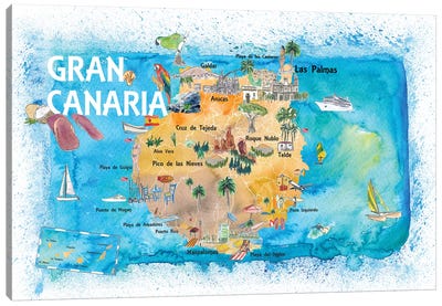 Gran Canary Canarias Spain Illustrated Map With Landmarks And Highlights Canvas Art Print - Nautical Maps