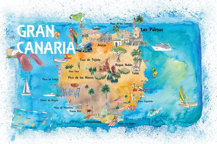 Gran Canary Canarias Spain Illustrated Map With Landmarks And Highlights