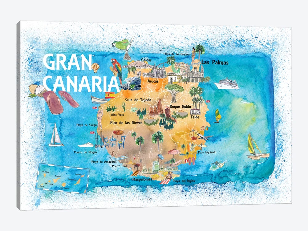 Gran Canary Canarias Spain Illustrated Map With Landmarks And Highlights by Markus & Martina Bleichner 1-piece Canvas Artwork