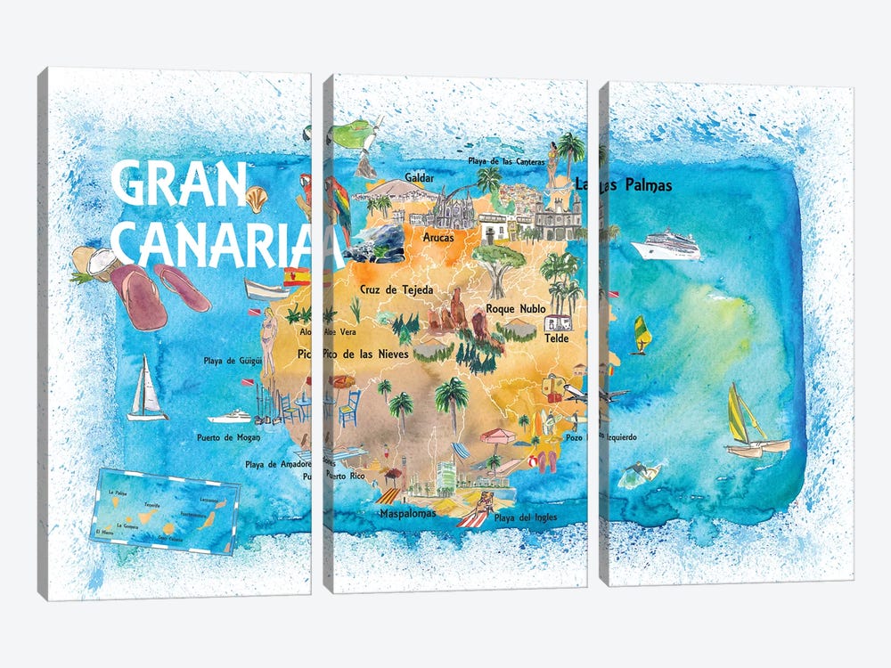 Gran Canary Canarias Spain Illustrated Map With Landmarks And Highlights 3-piece Canvas Wall Art