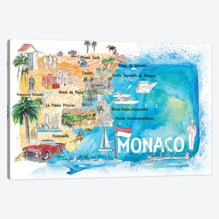 Monaco Monte Carlo Illustrated Map With Landmarks And Highlights Canvas Print #MMB141} by Markus & Martina Bleichner Canvas Wall Art