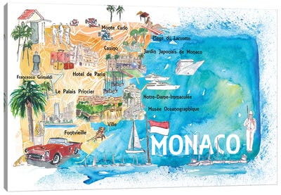 Monaco Monte Carlo Illustrated Map With Landmarks And Highlights Canvas Art Print - Monaco