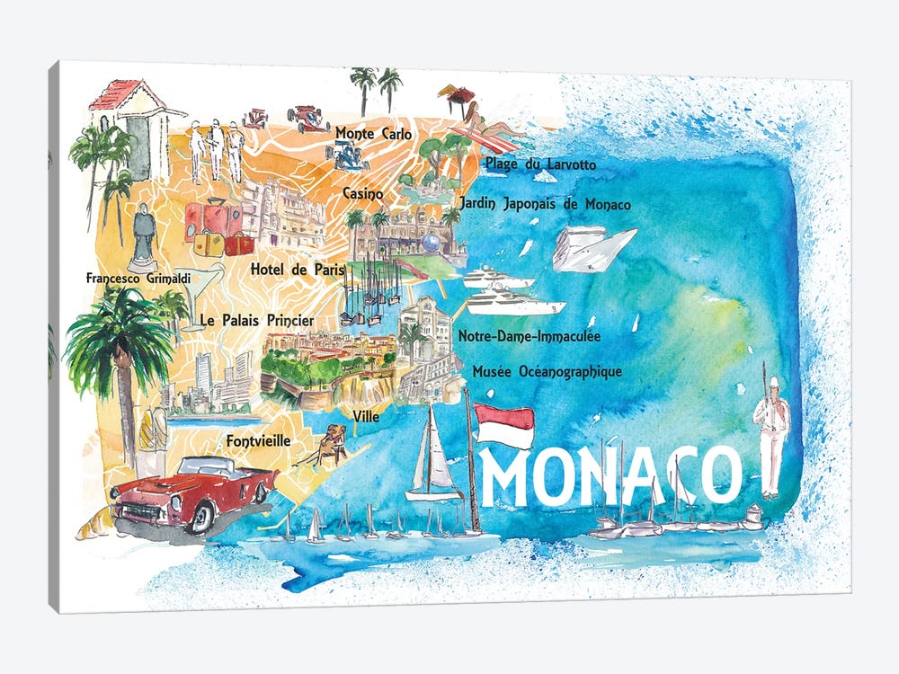 Monaco Monte Carlo Illustrated Map With Landmarks And Highlights by Markus & Martina Bleichner 1-piece Canvas Art Print
