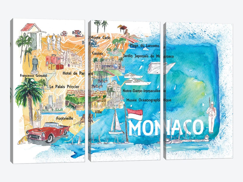 Monaco Monte Carlo Illustrated Map With Landmarks And Highlights by Markus & Martina Bleichner 3-piece Canvas Art Print